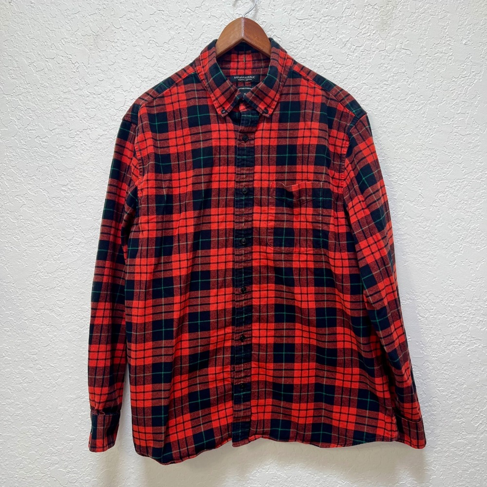 Banana Republic Mens XL Orange Black Plaid Organic Cotton Flannel Untucked Shirt
